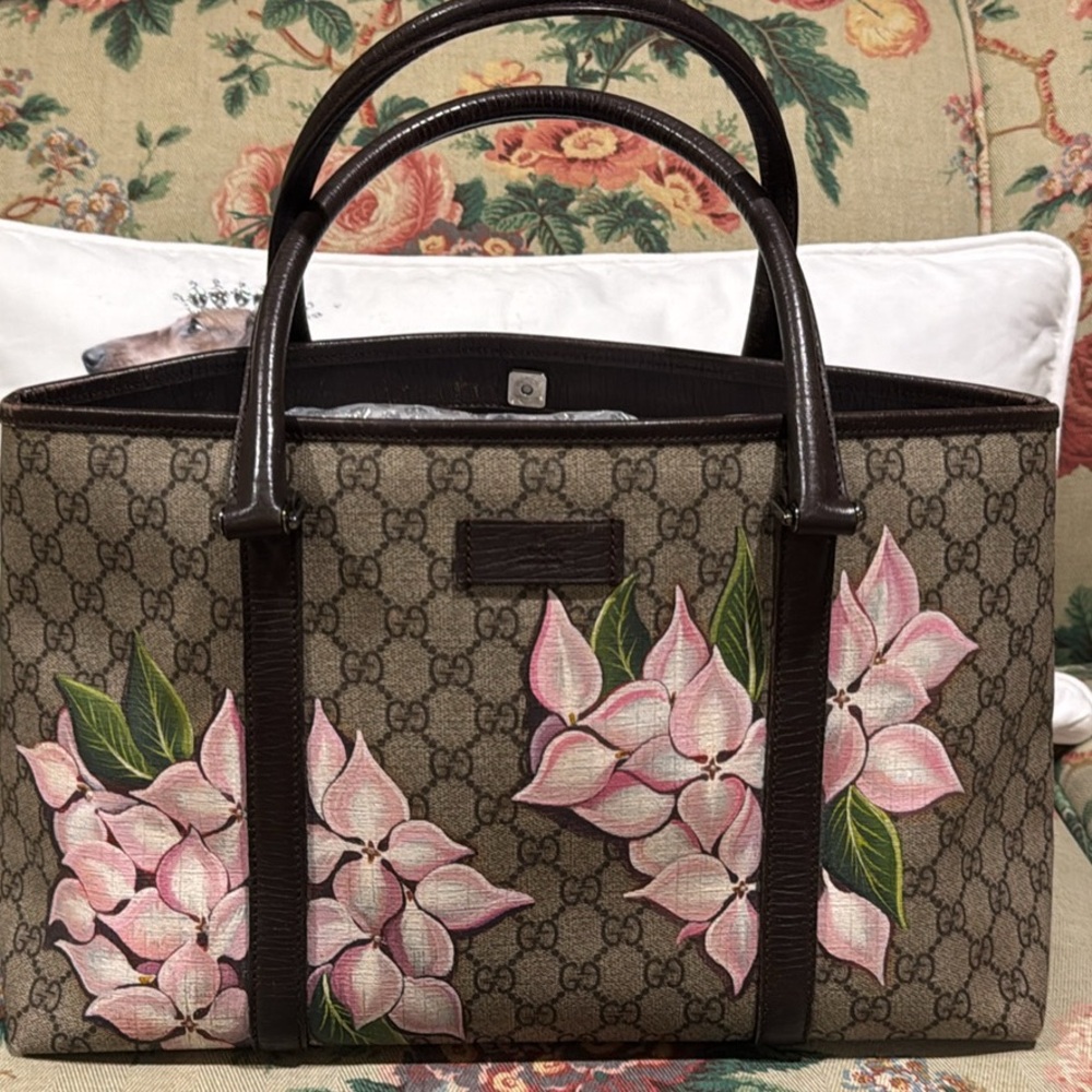 Gucci Brown Shoulder Tote with Pink Floral Design from “New Vintage Handbags”